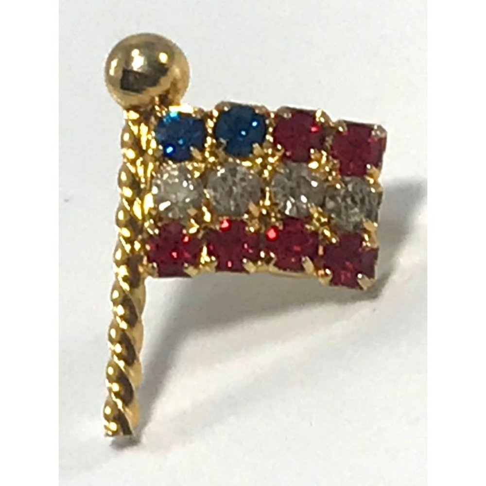 Tiny Gold Tone Rhinestone Patriotic American Flag Tie Tack Lapel Pin